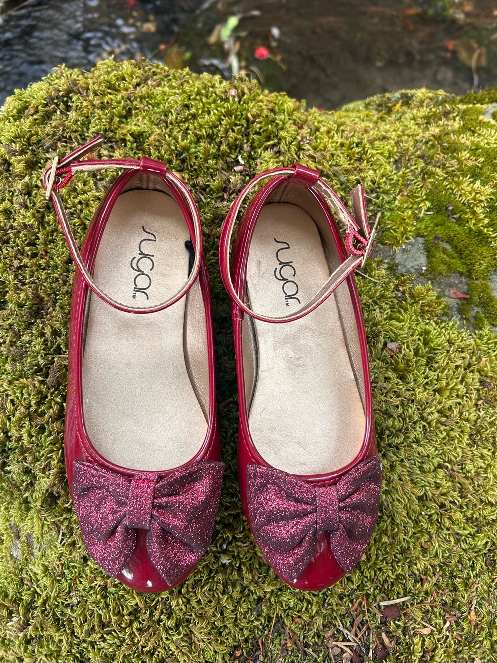 SUGAR - Girls Red Glitter Bow Ankle-Strap Flats - Picture 2 of 9
